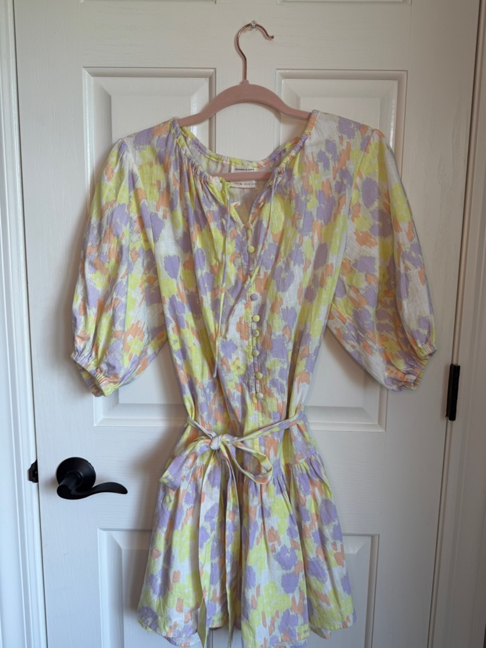 Pastel Floral Short Sleeve Tie-Waist Dress in Lavender and Yellow